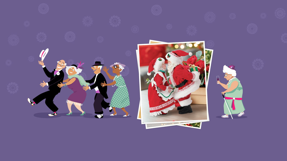 A stylized illustration on a purple background showing a group of people dancing, a stack of holiday photos featuring Santa and a child, and an elderly woman holding a phone.
