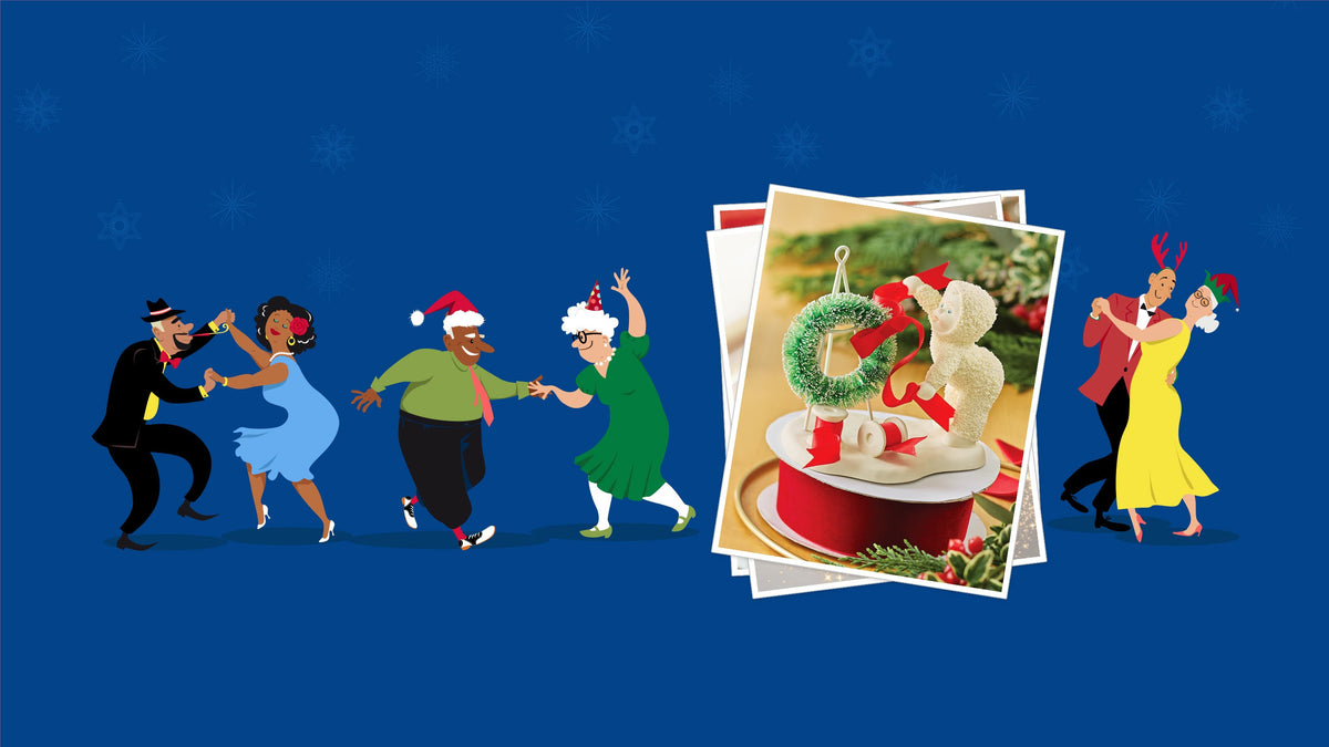 A festive illustrated scene on a dark blue background with several dancing couples and a stack of photo cards showing a decorated Christmas ornament and a white teddy bear gift box.