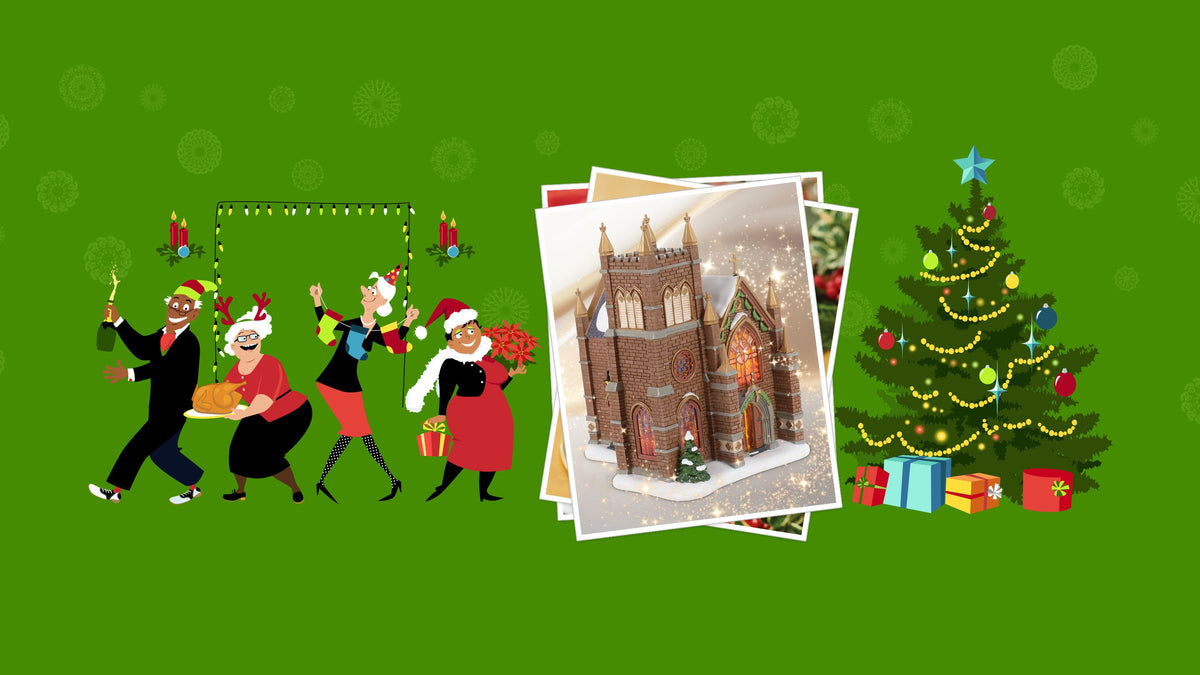 A festive Christmas-themed graphic on a green background, featuring illustrated people celebrating, a stack of photo frames showing a miniature cathedral scene, and a decorated Christmas tree with gifts.