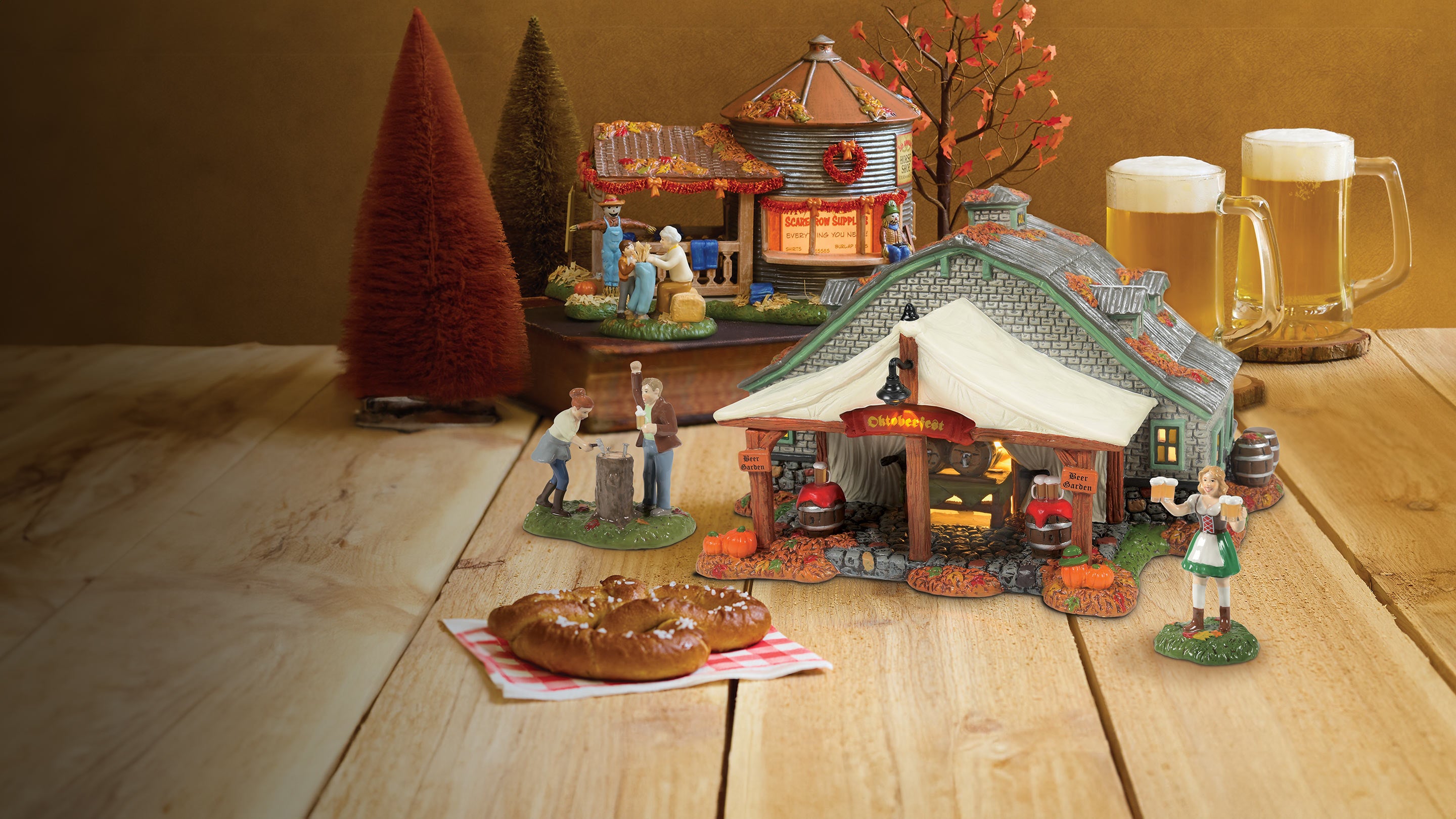 Snow Village Harvest Display with Beers