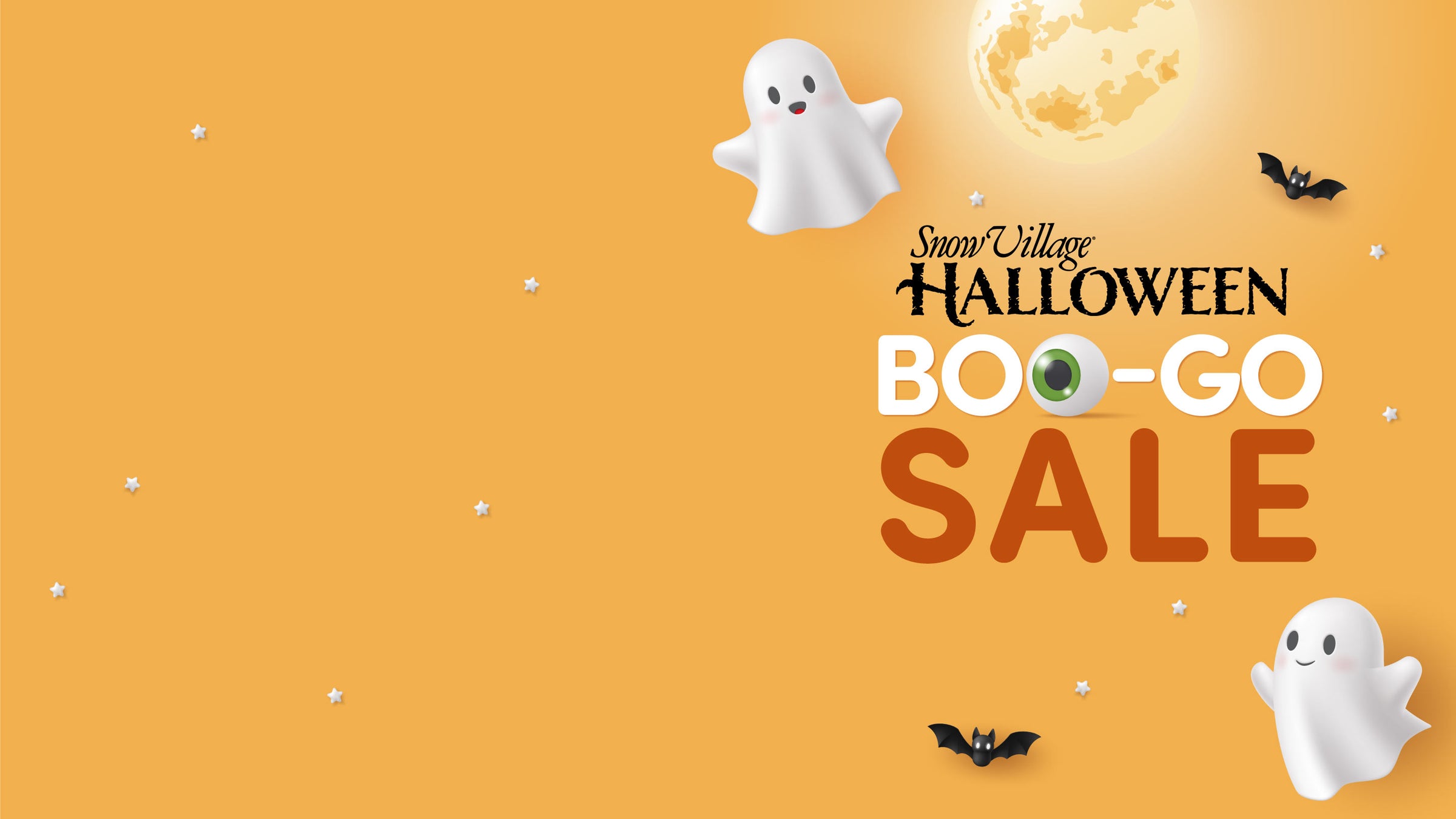 Halloween-themed sale banner with ghosts, bats, and a full moon on an orange background.