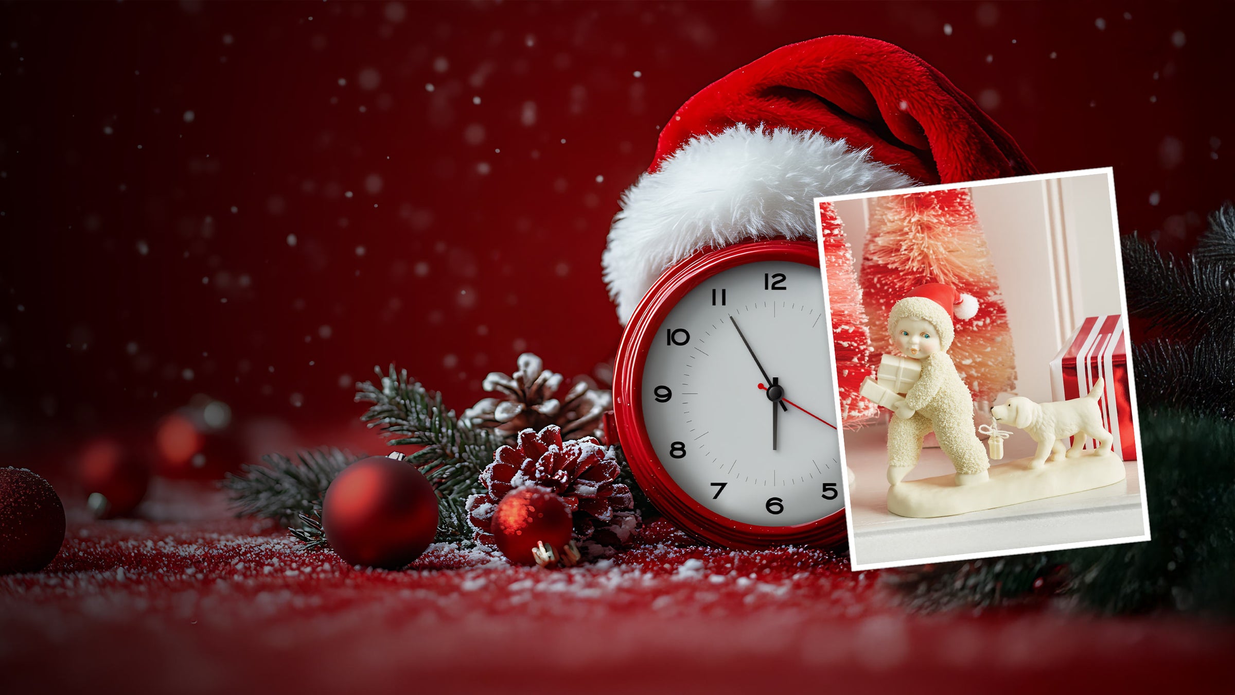 Red clock with Santa hat surrounded by Christmas decorations and a photo of a child in a snowy scene.