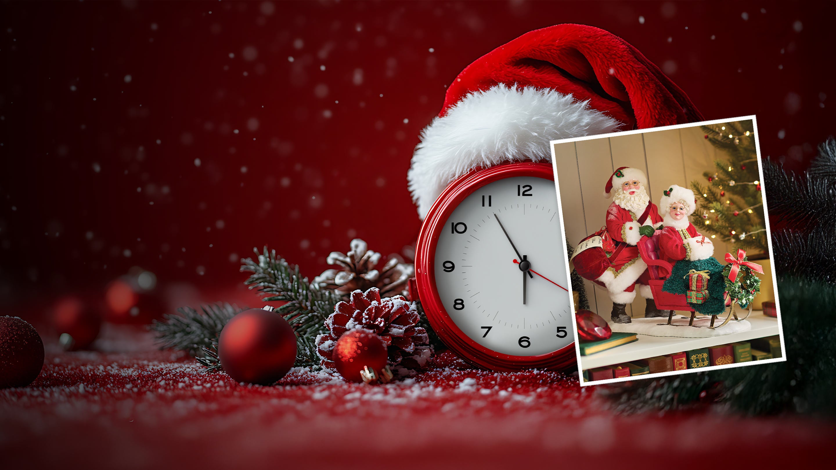 Red alarm clock with Santa hat on a festive background, inset photo of Santa and child.