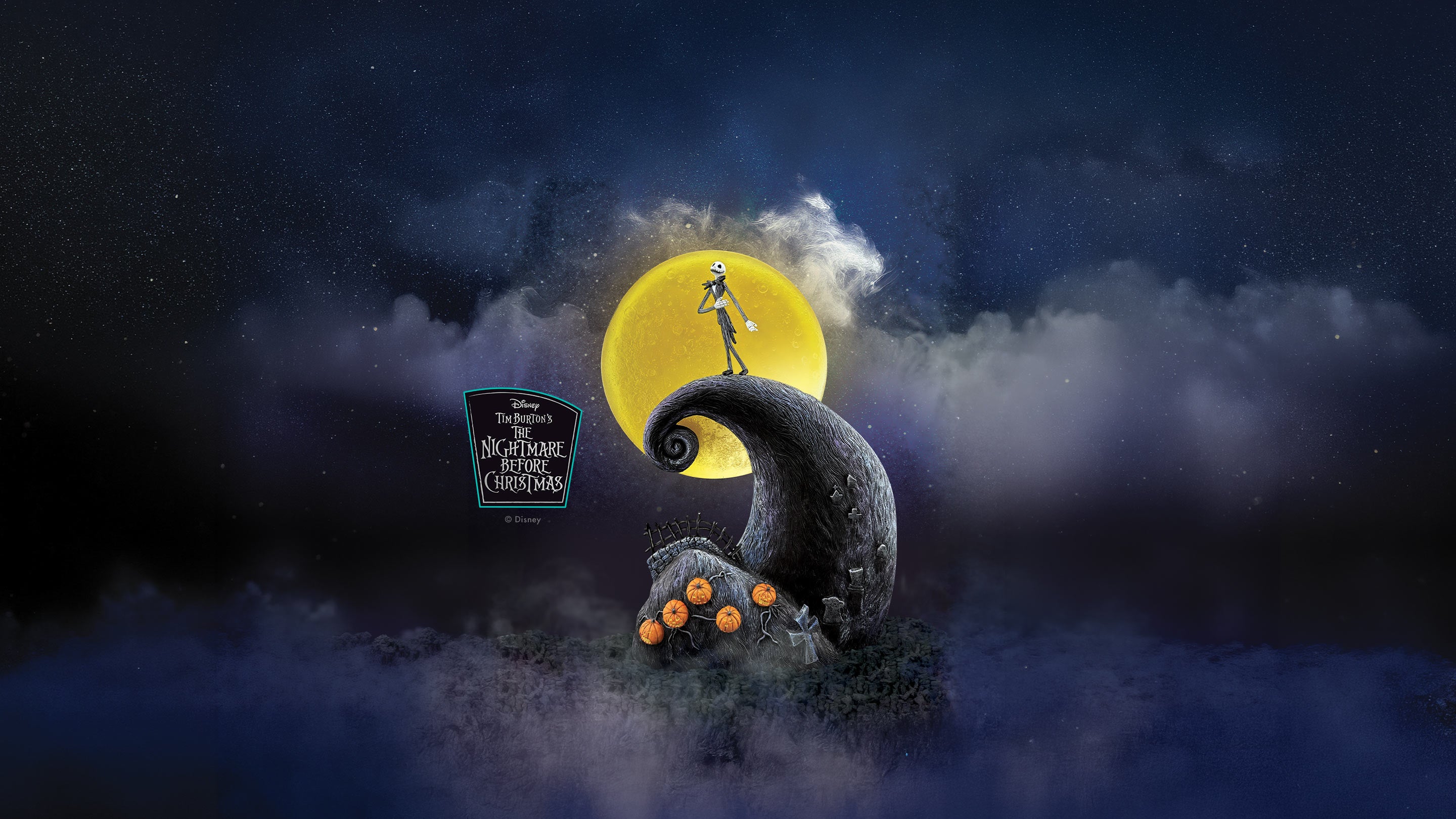 A stylized nighttime scene from The Nightmare Before Christmas featuring a large yellow full moon, dark swirling tree trunk, glowing orange pumpkins, and a small silhouetted figure standing on the moon. A The Nightmare Before Christmas logo appears on the left against a dark cloudy sky.