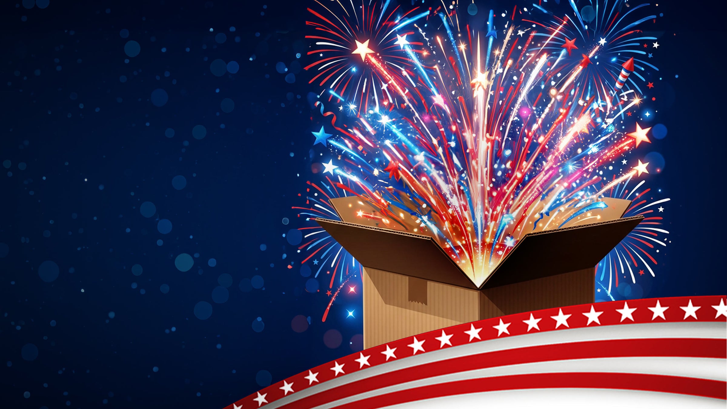 Fireworks emerging from an open box with an American flag design on a dark blue background